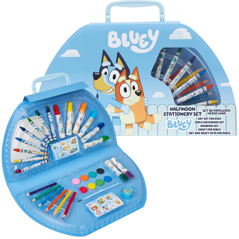 Bluey halfmoon case open with colored pencils for portable kids art sessions