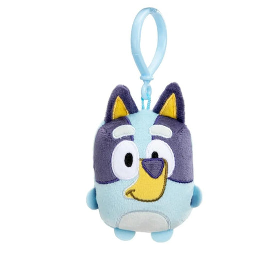 Bluey mini plush clipped to a backpack for on-the-go play