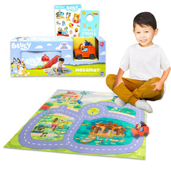 Bluey play mat with vehicle offers colorful imaginative play on a soft surface.