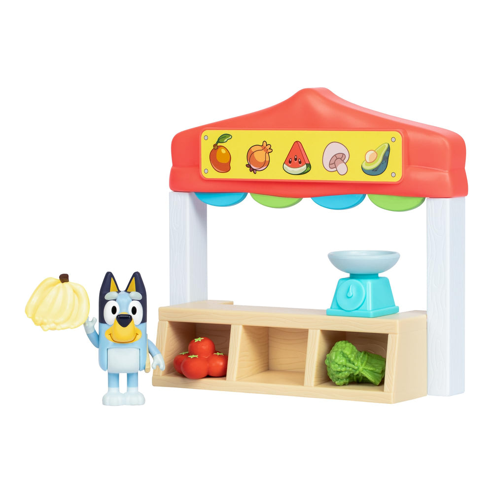 Bluey pretend-store accessories including fruits and vegetables for imaginative shopping