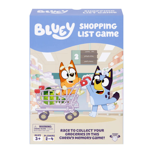 Bluey Shopping List Game box with colorful art, inviting family fun.