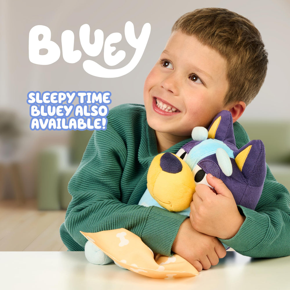 Bluey Sleepy Time Bingo soft fabric highlights cuddle-friendly bedtime companion.