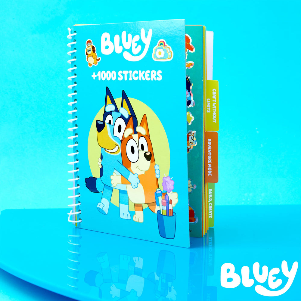 Bluey sticker sheet spread showing 1000+ stickers for notebooks