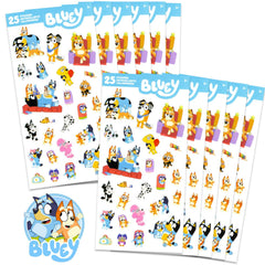 Bluey-sticker-sheets featuring Bluey and friends, perfect for party favors.