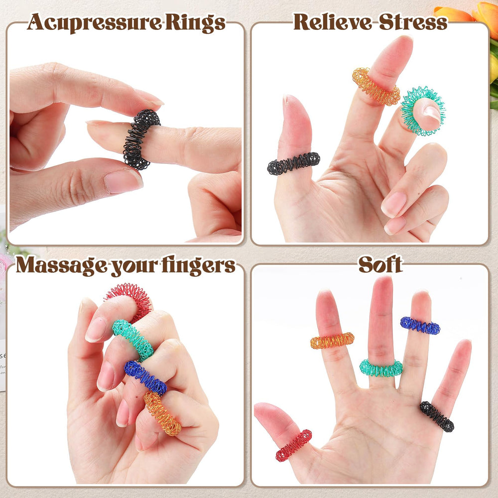 Blulu colorful acupressure rings on fingers support focus during tasks.