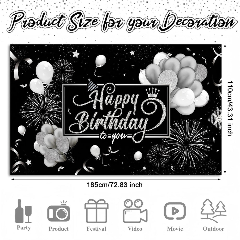 Blulu birthday banner features black-silver design ideal for dramatic cake-cutting shots.