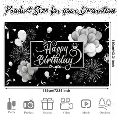 Blulu birthday banner features black-silver design ideal for dramatic cake-cutting shots.