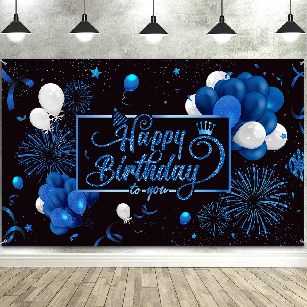 Blulu Happy Birthday backdrop blue large banner for photo-ready parties