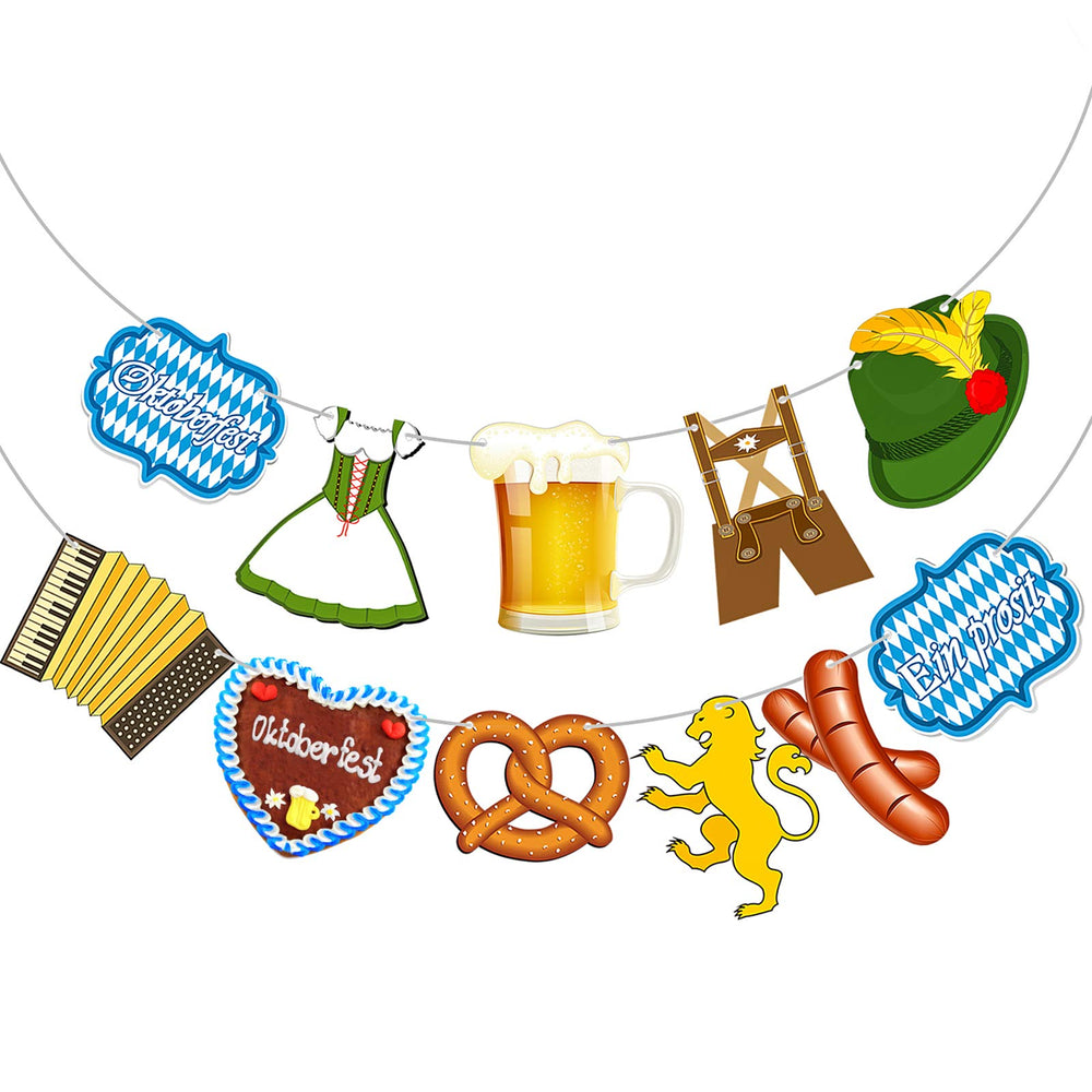 Blulu Oktoberfest banner front view with vibrant multicolor pennants for eye-catching event decor.