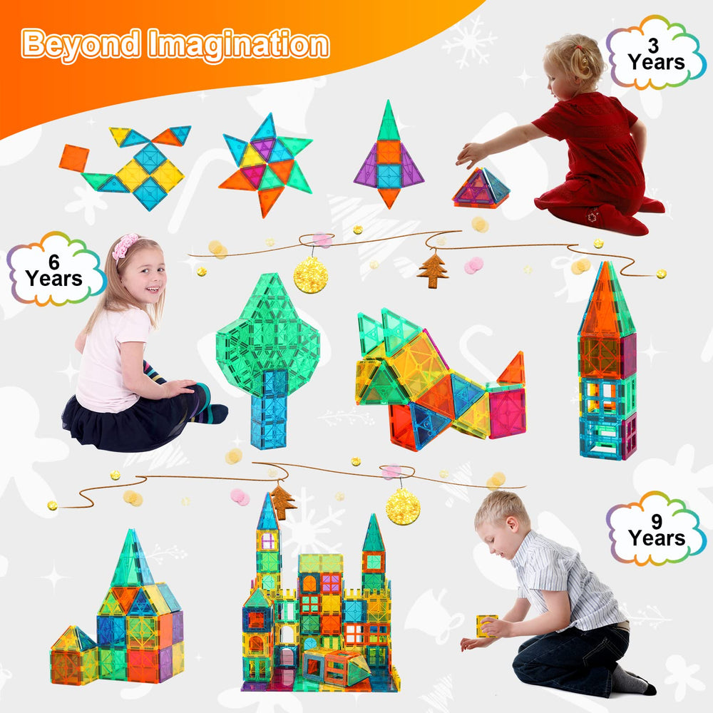 Child builds a castle and rocket with Bmag tiles, showcasing imaginative STEM activity.