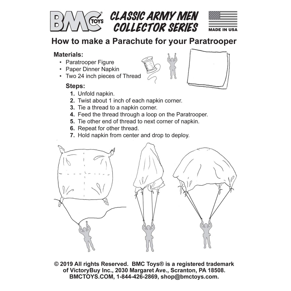 BMC Toys pink US parachute instructions illustrating napkin and thread DIY parachutes.