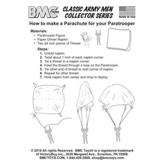 BMC Toys pink US parachute instructions illustrating napkin and thread DIY parachutes.