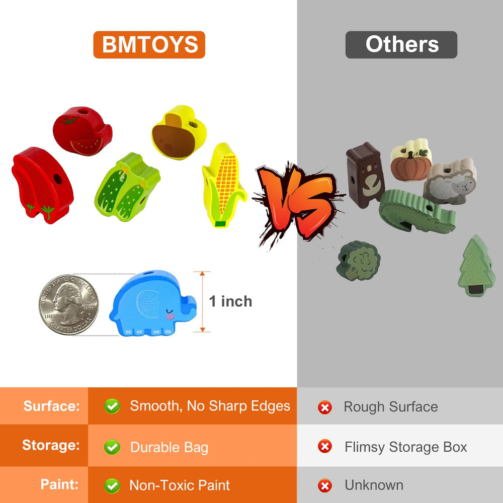 BMTOYS durable wooden beads offer engaging, mess-free learning for ages 3 and up.