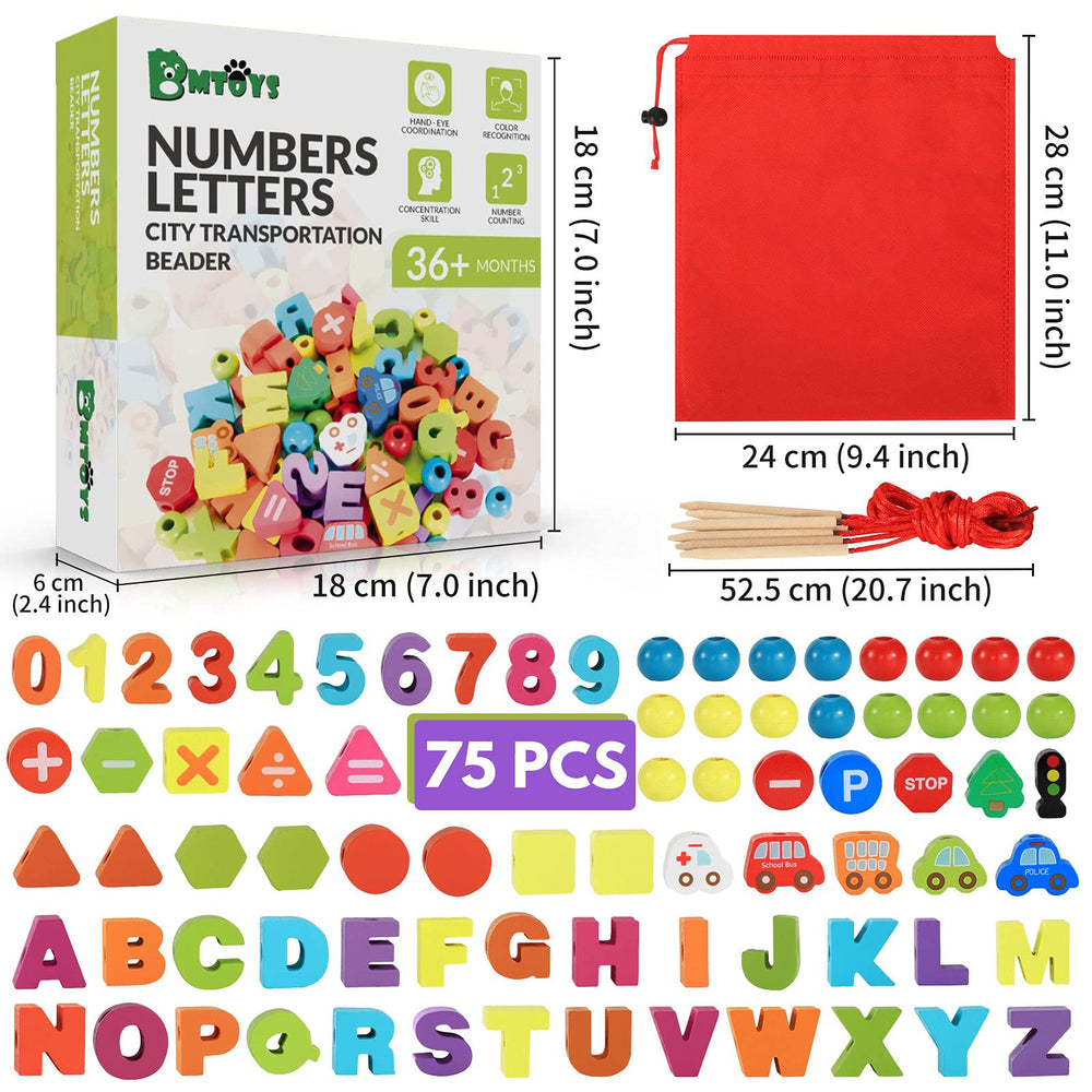 BMTOYS Montessori wooden toy supports early learning through threading colors and shapes