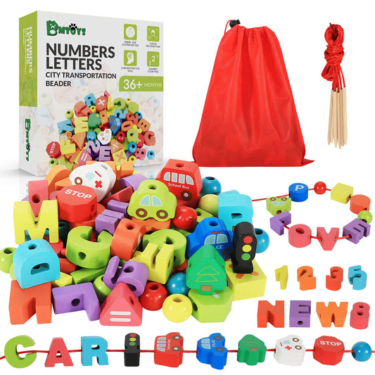BMTOYS wooden lacing beads with alphabet and numbers to boost fine motor skills