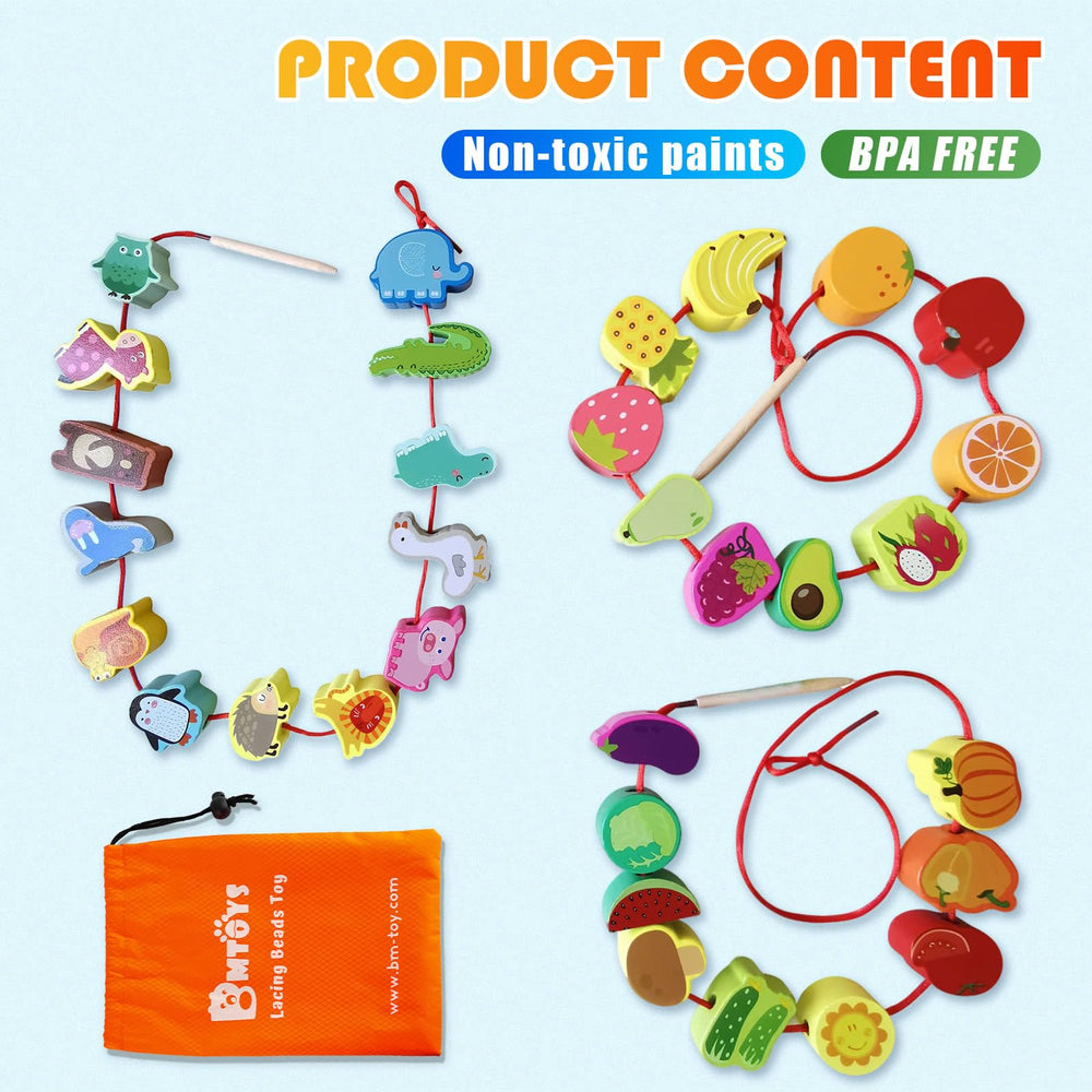 BMTOYS wooden threading beads set provides durable, kid-friendly learning through lacing.