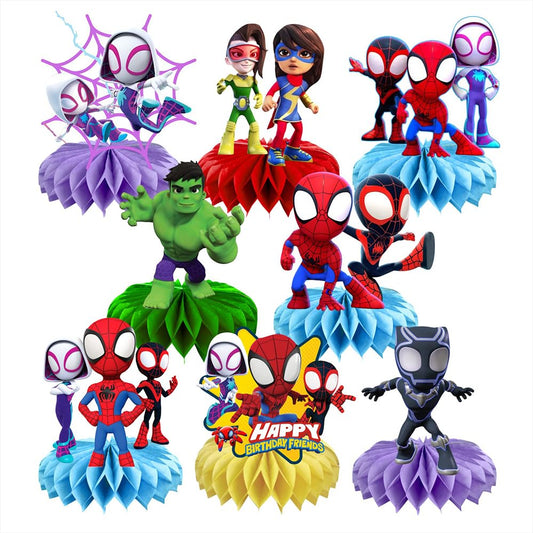 BNFUO Spider and Friends honeycomb centerpiece assembly enhances kid party decor.