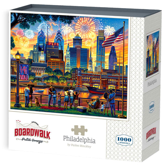 Boardwalk Puzzles Philadelphia box front, ideal display and gift-ready packaging