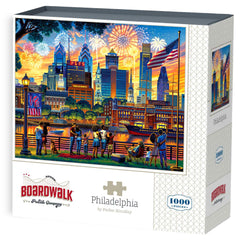Boardwalk Puzzles Philadelphia box front, ideal display and gift-ready packaging