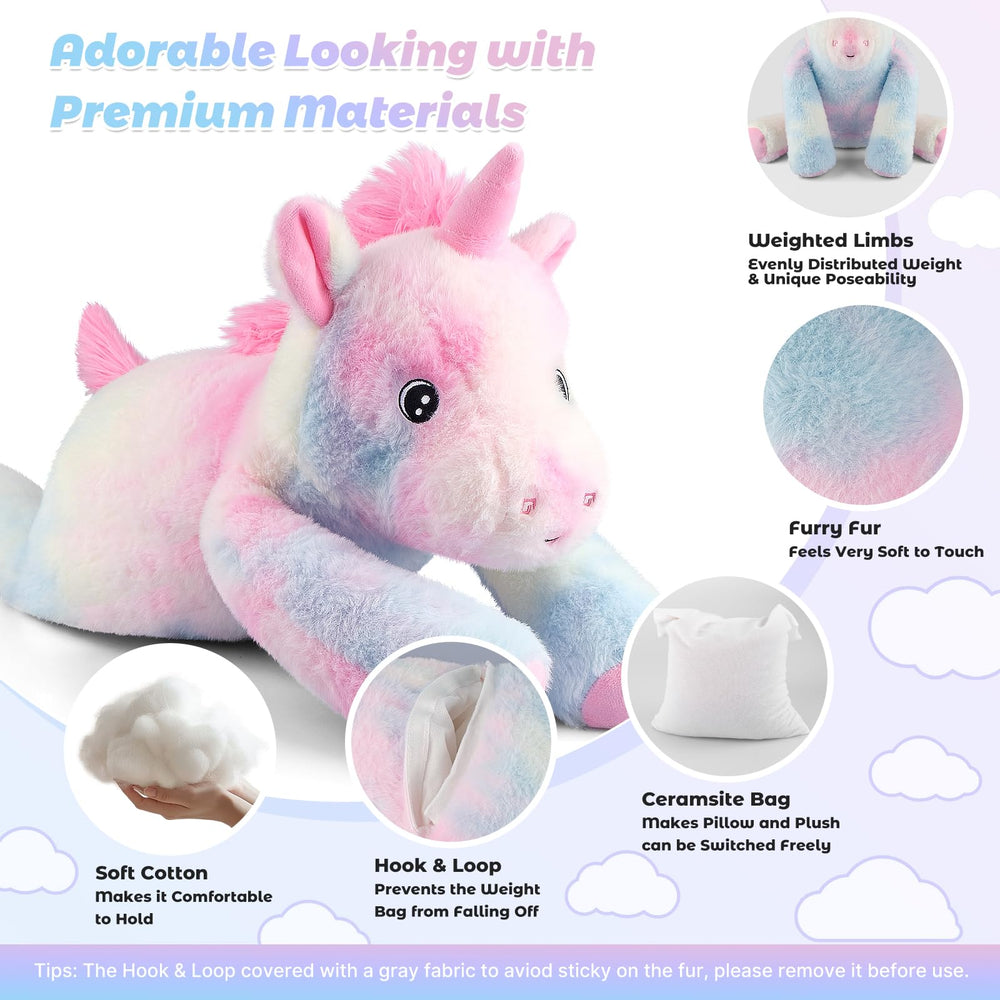 Bobbie & Laxi weighted unicorn laying pose offers soothing support