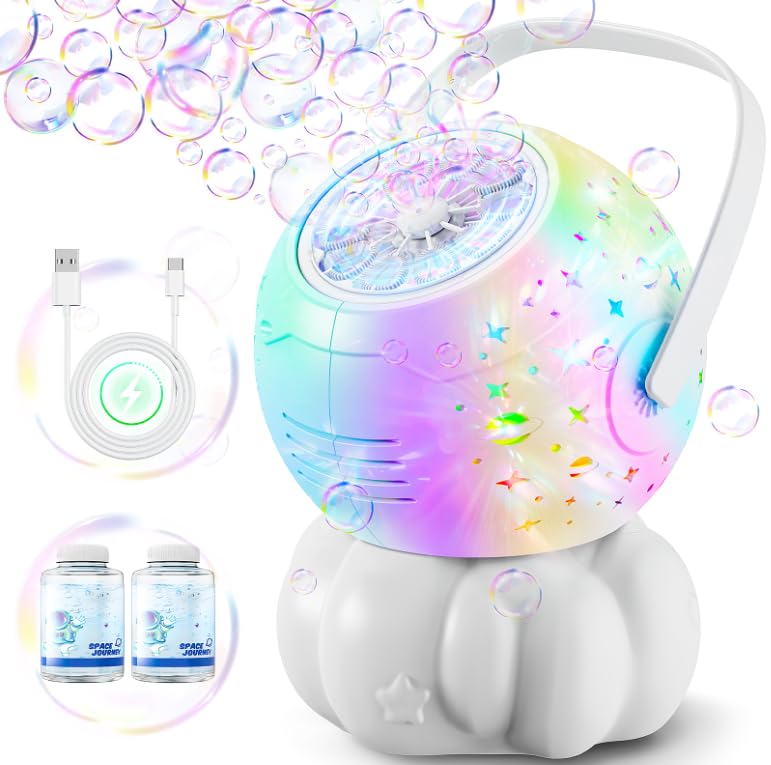 Boerfmo rechargeable bubble machine with 7-color LED for vibrant outdoor play.