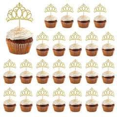 BOHUIZ gold crown cupcake toppers decorate a cake for a festive birthday.