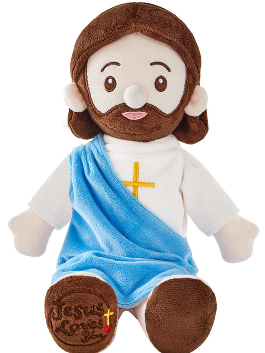 BOKUFLY Jesus plush doll in blue robe offering comforting cuddle during prayer.