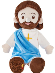 BOKUFLY Jesus plush doll in blue robe offering comforting cuddle during prayer.