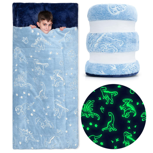 Bollepo dinosaur glow sleeping bag for kids' sleepovers and night-time adventures
