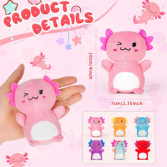 BOMBPARK axolotl plush close-up — soft fabric and friendly wink expressions.
