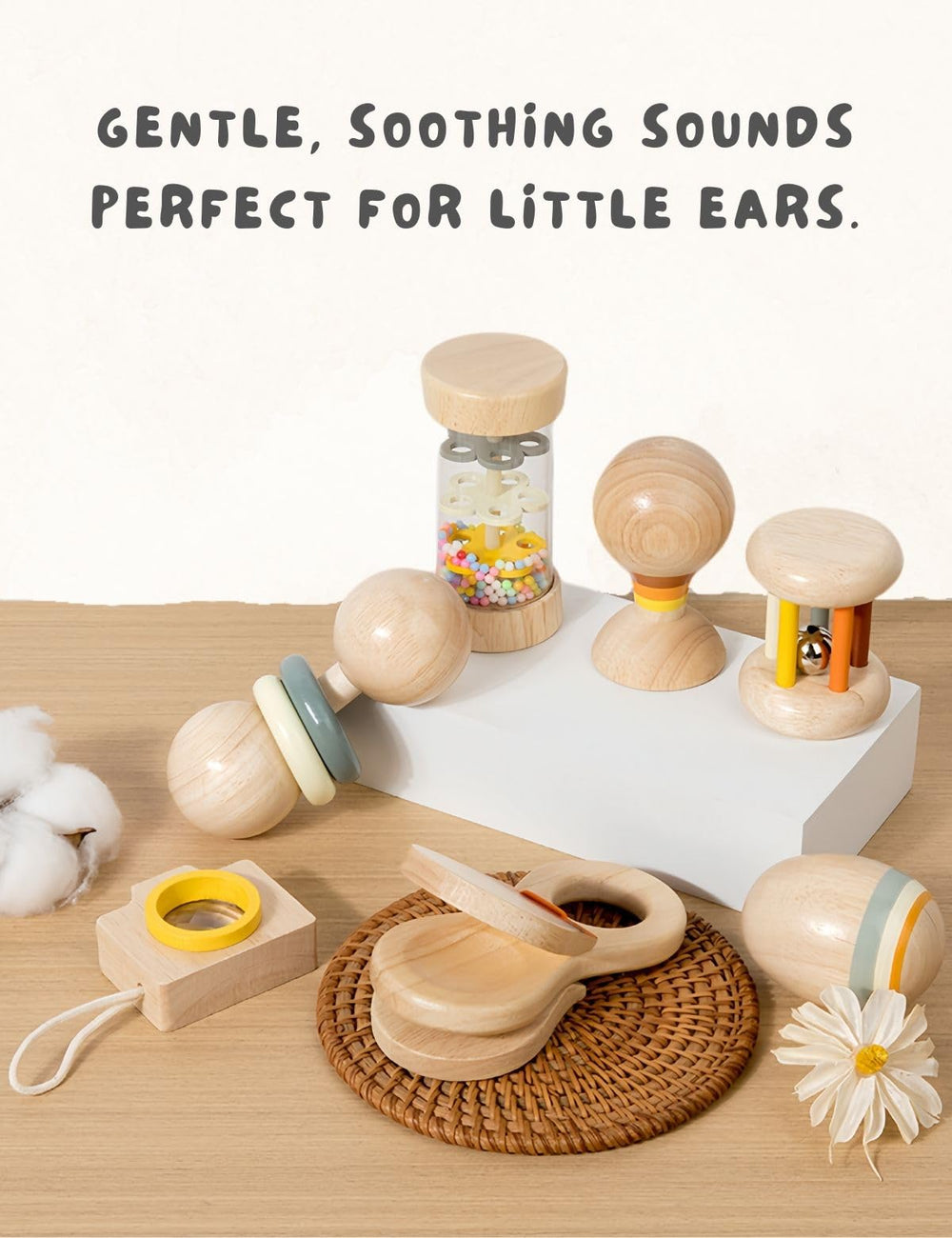 BONOVISTA organic wood toys support safe grasping and teething exploration.