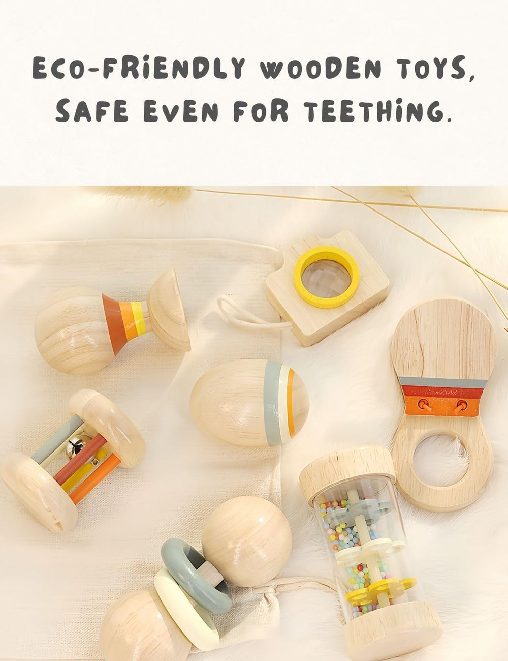 BONOVISTA natural wood rattles with smooth edges for gentle baby play.