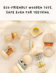 BONOVISTA natural wood rattles with smooth edges for gentle baby play.