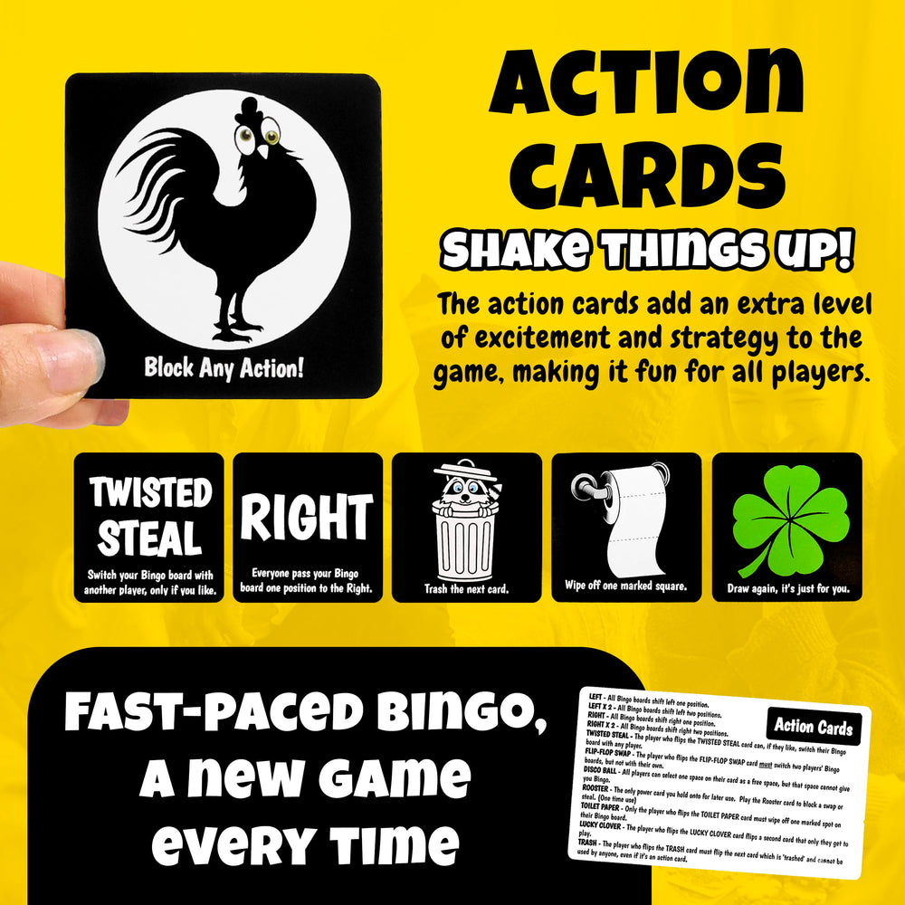 Boozie Bingo with a Twist action cards shown for block, swap, and steal options.