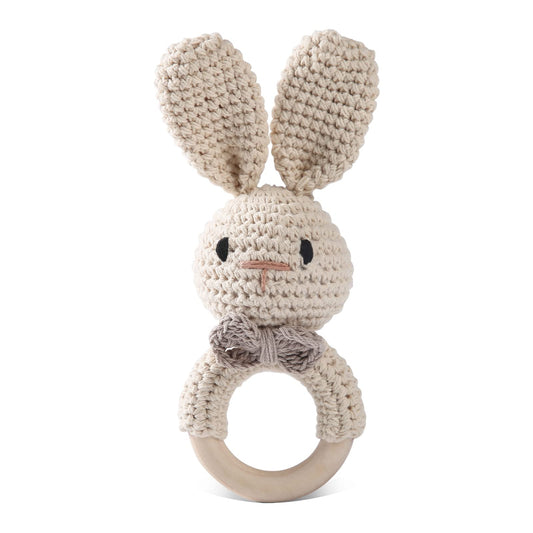 Bopoobo Easter Bunny crochet rattle overview with soft organic padding for gentle newborn play