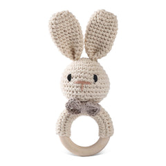 Bopoobo Easter Bunny crochet rattle overview with soft organic padding for gentle newborn play