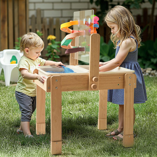 bopoobo sand and water table with dual basins enables shared play.