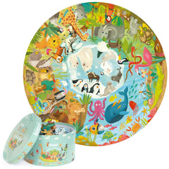 Boppi Animal Puzzle box shows a sturdy round container for easy storage and gifting.