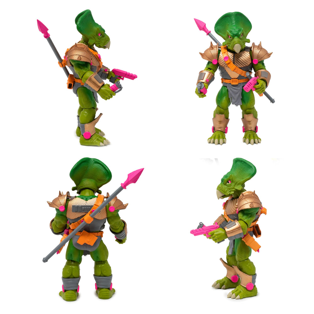 Ceratopsian Guard kneeling or dynamic pose with smoke grenades from Boss Fight Studio