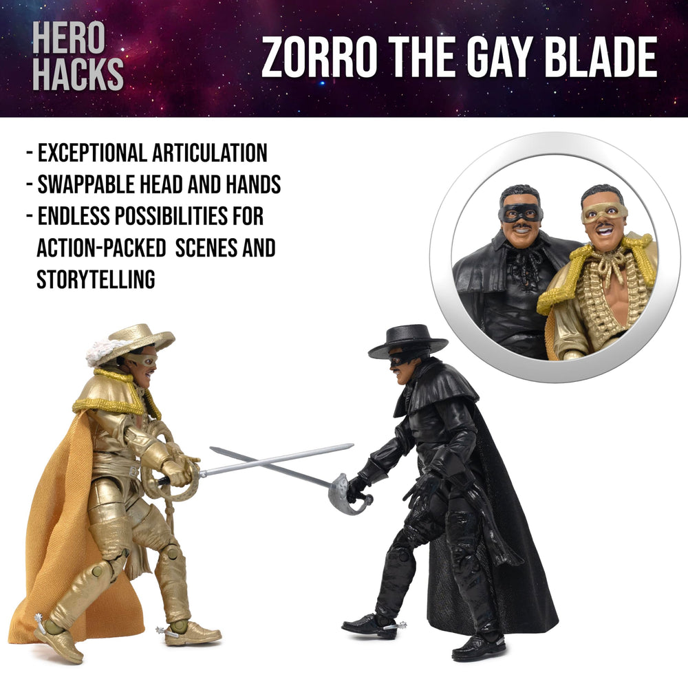 Boss Fight Studio Hero H.A.C.K.S. Zorro hat and cape accessories ideal for authentic display.