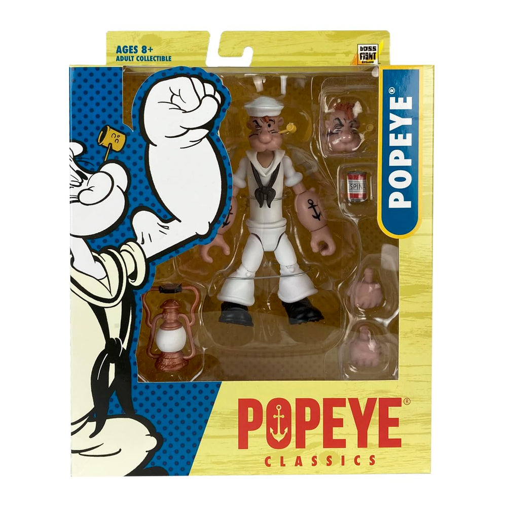 Front pose display of Popeye figure in classic stance for shelves.