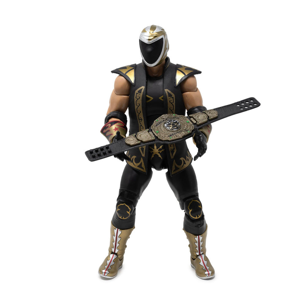 Tinieblas Jr black and gold entrance gear catches light for shelf display
