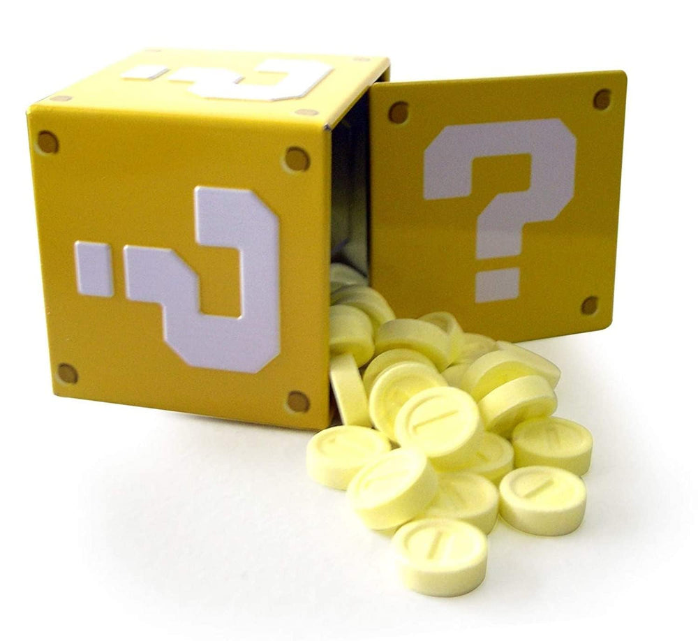 Boston America Nintendo Question Mark Box tin with sour strawberry coins for nostalgic snacking and party favors