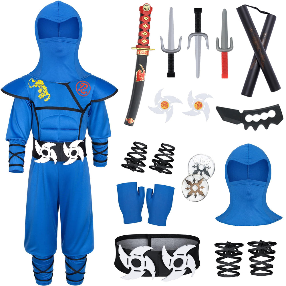 Bosvin Kids Ninjia Costume blue muscle jumpsuit for immersive pretend play.