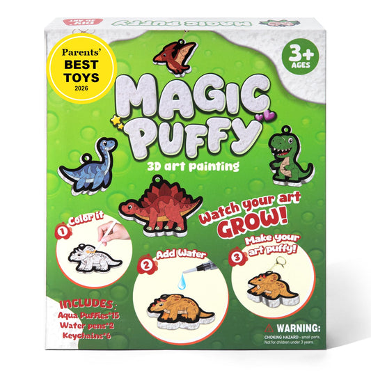 BoxNoble Magic Aqua Puffs dino puff illustration, kid-friendly craft that sparks creativity