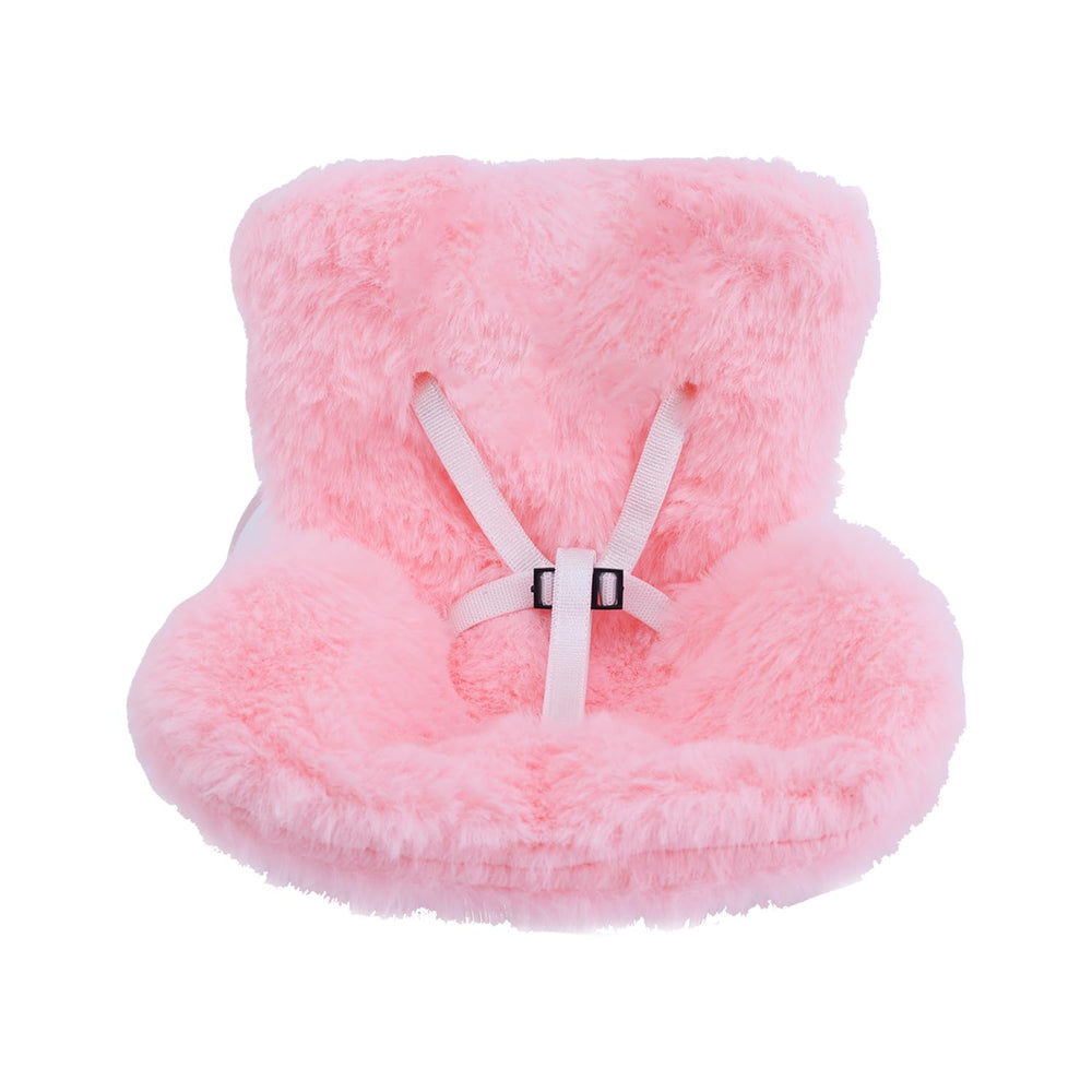 BOXOB plush pink car seat for dolls on the road and travel display.