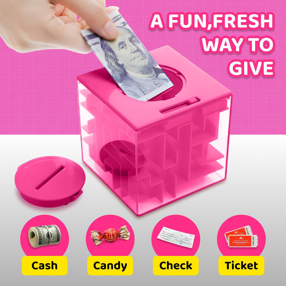 Boxveria Money Maze pink lid, quick reset for repeat gifting.