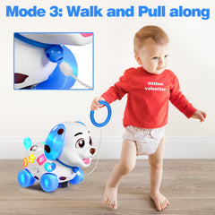 BQU blue musical puppy toy being pulled by toddler during walking mode