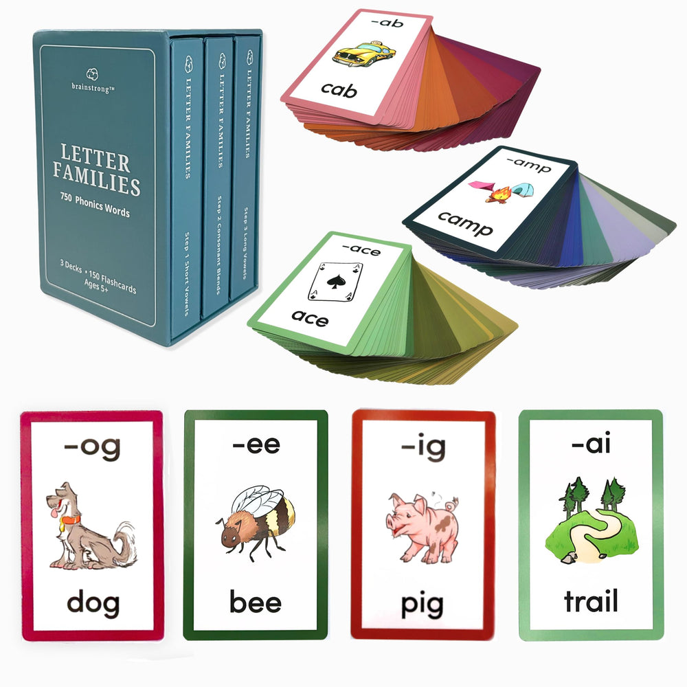 Brainstrong 750 phonics words deck with large print cards supports focused reading practice at home.