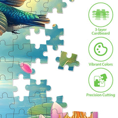 Finished Humbird Flower Lake puzzle on wall resembling a colorful nature art piece